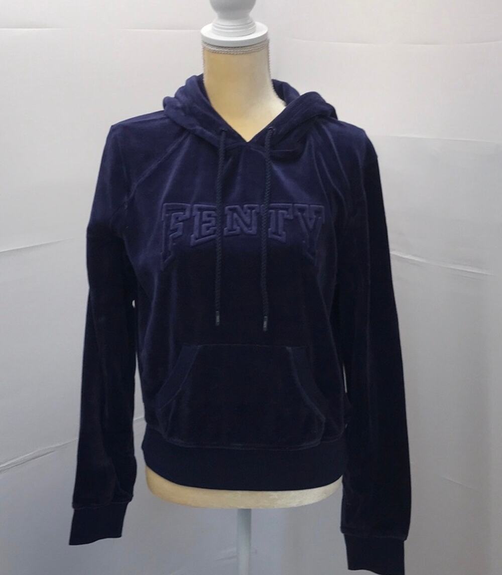 Puma x Rihanna FENTY Velvet Hoodie Navy Blue Cropped Pullover Large